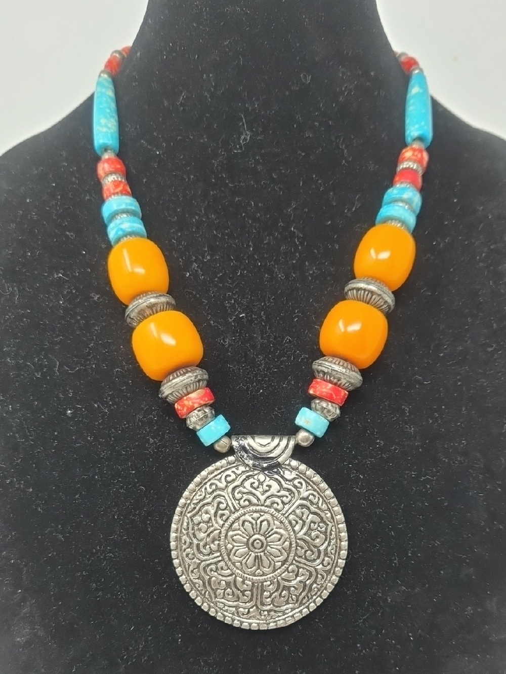Vintage Turquoise, Amber & Coral Beaded Necklace with Silver Medallion